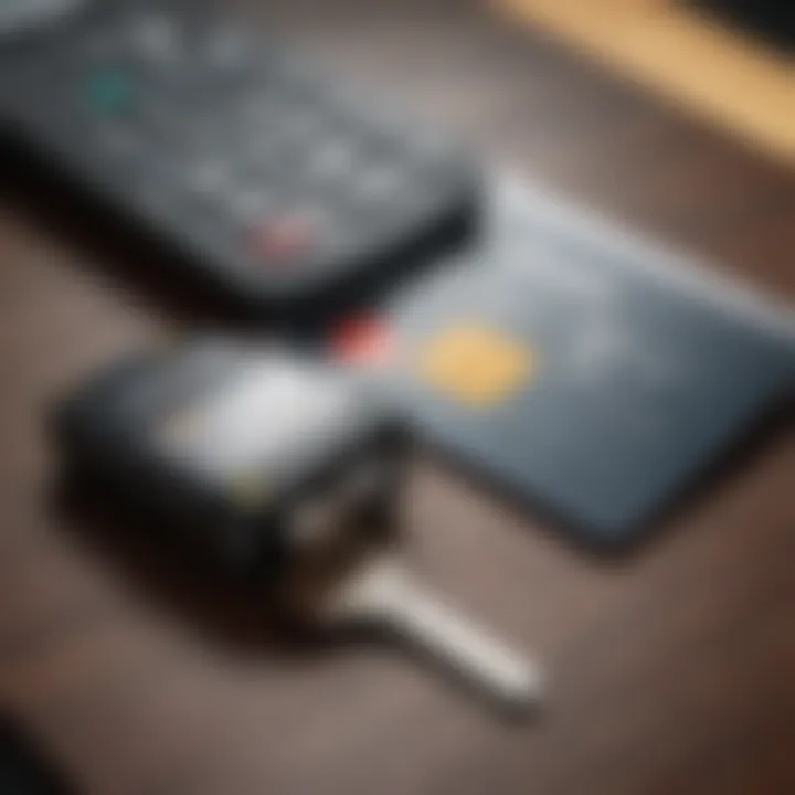 Close-up of a debit card alongside car keys on a table