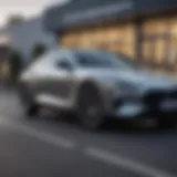 A sleek car parked outside a dealership with a debit card symbol