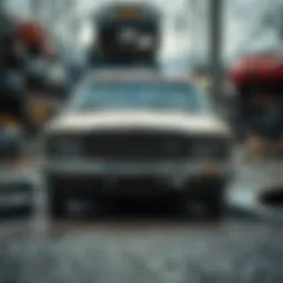 A detailed view of a junk car in a salvage yard, showcasing its deteriorated condition