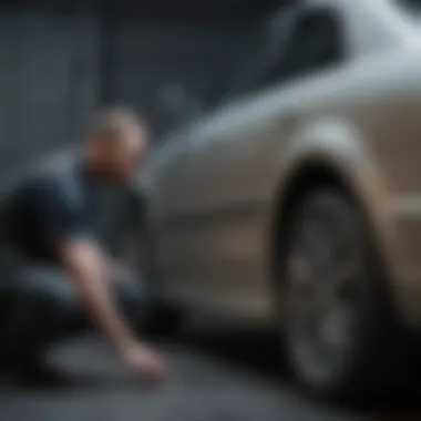 Professional technician assessing vehicle scratches