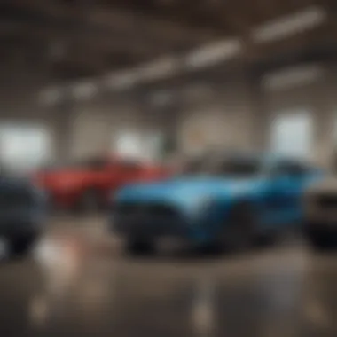 Diverse Range of Ford Vehicles on Display Showroom interior displaying a variety of Ford vehicles available for purchase.