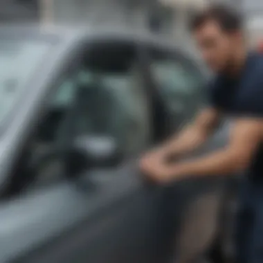 A technician assessing a damaged car window for replacement