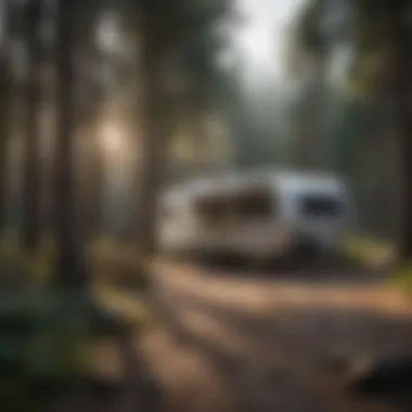 An RV trailer parked in a serene campsite setting surrounded by nature.