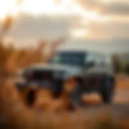 Jeep Wrangler parked in a scenic landscape
