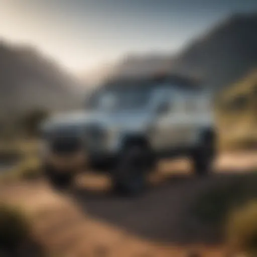 Defender car in a picturesque landscape showcasing its ruggedness