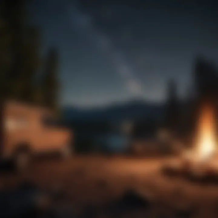 Night view of a campsite with stars and a campfire