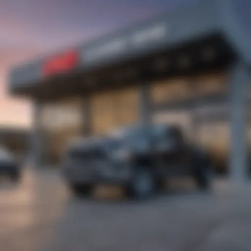 Exterior view of a Dodge Ram dealership in Austin, highlighting the modern architecture and branding.