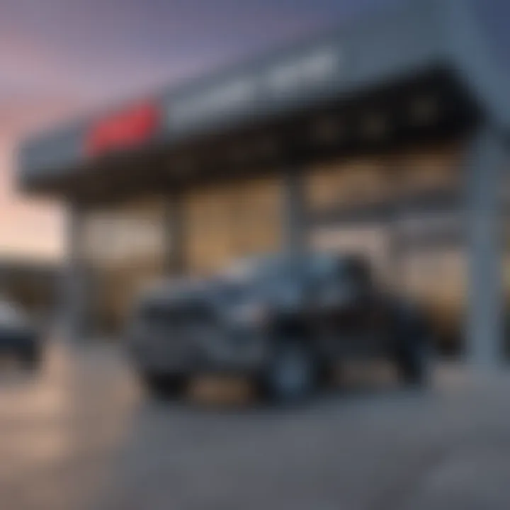 Exterior view of a Dodge Ram dealership in Austin, highlighting the modern architecture and branding.