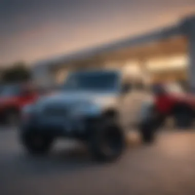 A dealership lot filled with various Jeep models in Fredericksburg, TX