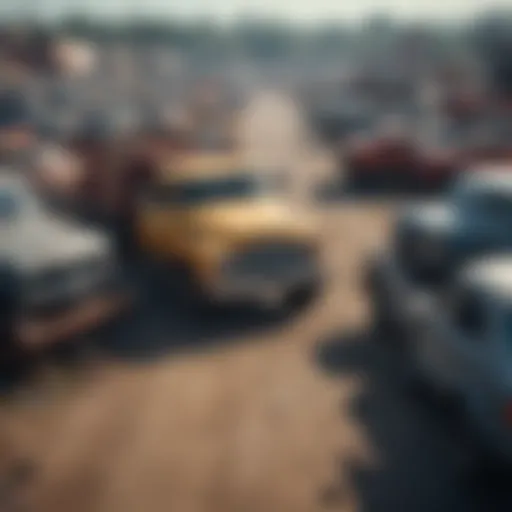 A junkyard tow truck maneuvering through a cluttered yard filled with vehicles.