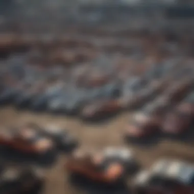 Overview of a Junkyard An overview of a junkyard showcasing rows of stacked vehicles.