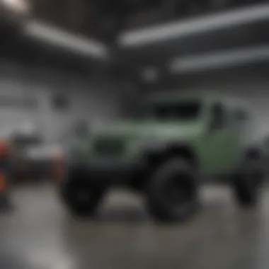 Service Center for Jeep Vehicles Post-purchase service area with Jeep vehicles being serviced