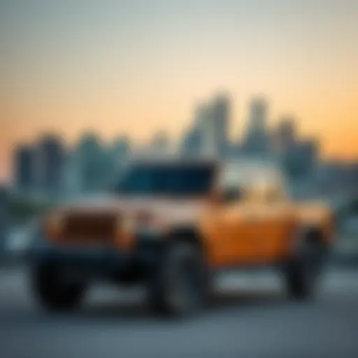 Jeep Gladiator parked against a Houston skyline