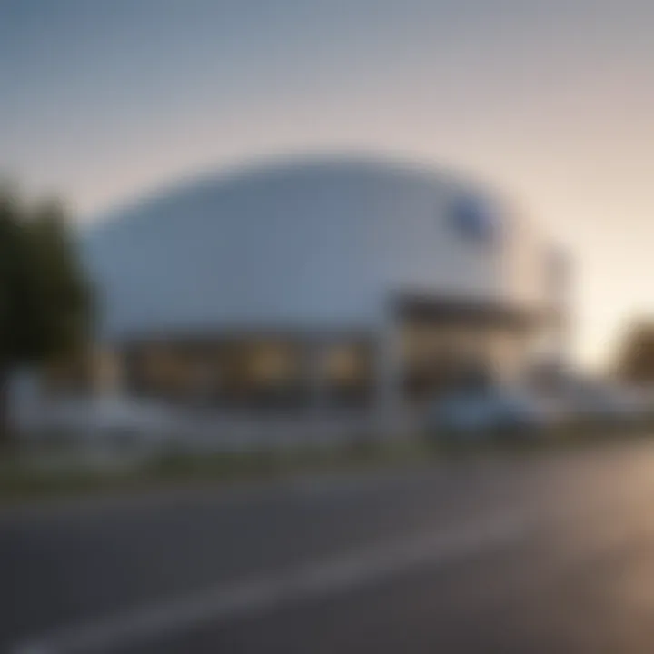 Exterior view of a Ford dealership in Madras showcasing its modern architecture