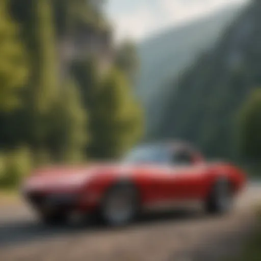 A classic red Corvette parked in a scenic Indiana landscape