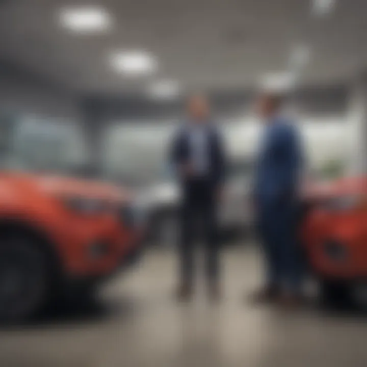 Sales team engaging with a customer at a Ford dealership