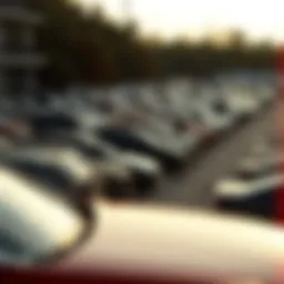 Aerial view of a junk yard with rows of parked cars