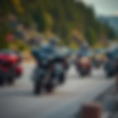 Group of touring motorcycles on a scenic highway representing the community and culture surrounding the Screamin’ Eagle Street Glide.