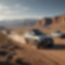 A powerful SUV towing a large trailer across rugged terrain