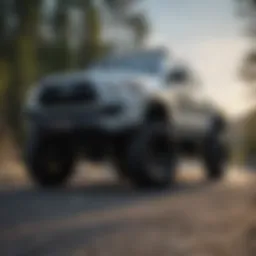 Detailed view of a Tacoma with a lift kit installed showcasing its elevated stance