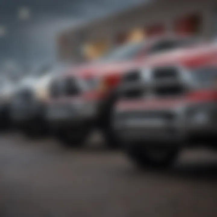 Dodge Ram models lined up in a dealership lot