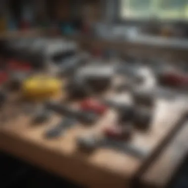 Car repair tools laid out on a workbench