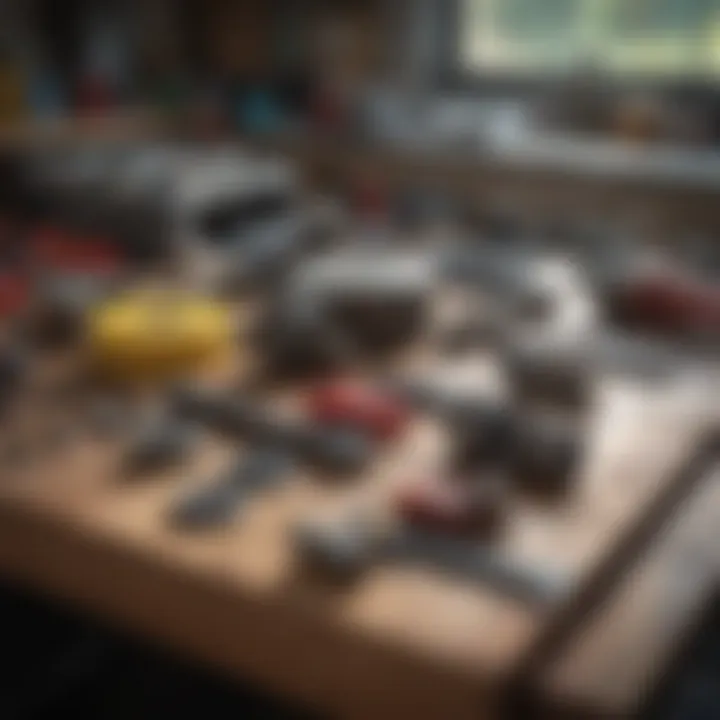 Car repair tools laid out on a workbench